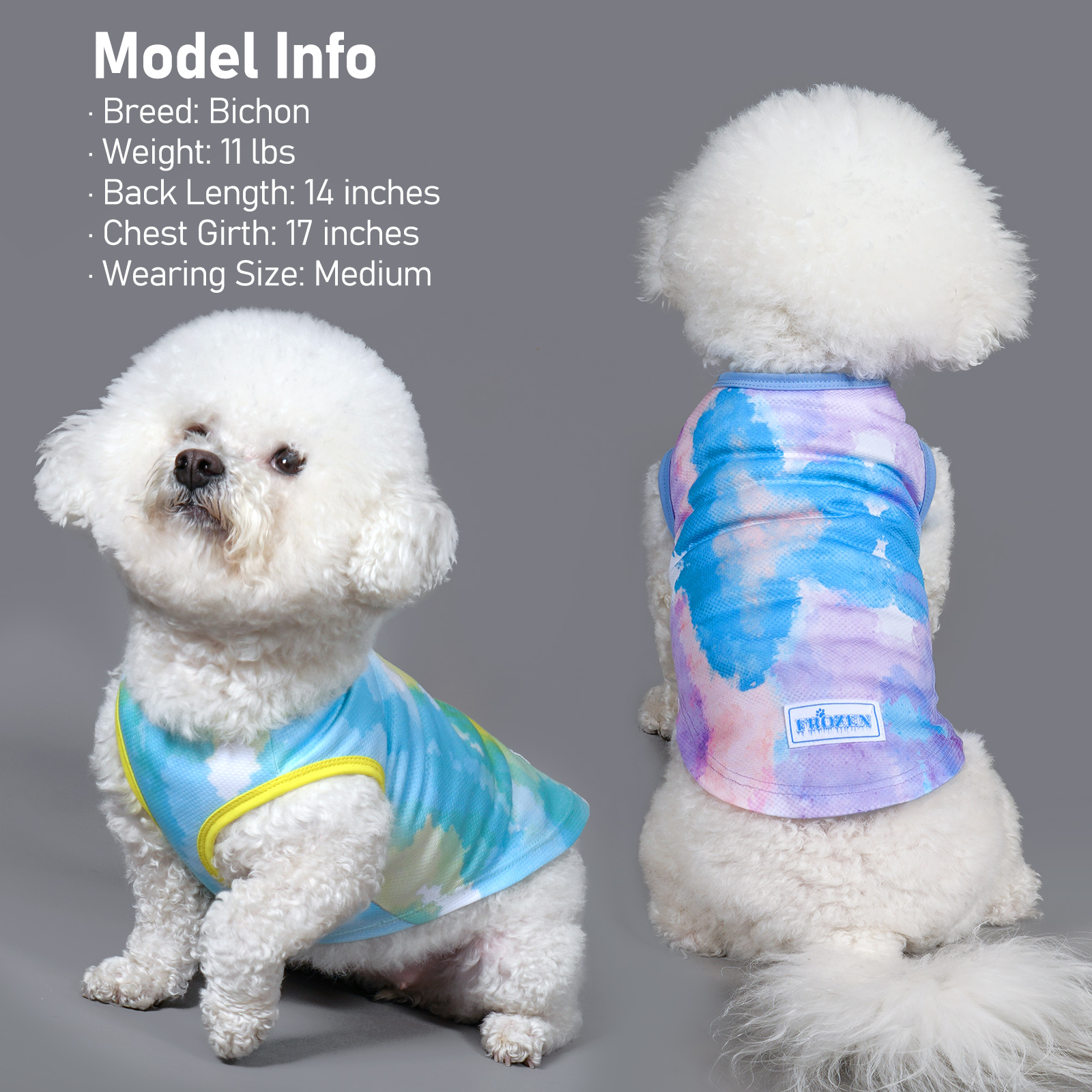 Dog cooling shirt pair: blue tie-dye with purple back, plus aqua/blue patterned shirt.