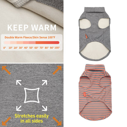 Gray sleeveless dog sweater with turtleneck; rounded leg openings and belly coverage