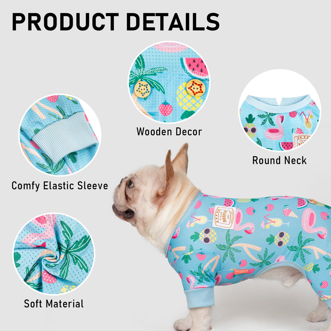 Light blue dog onesie with colorful fruit pattern, round neck, and elastic cuffs