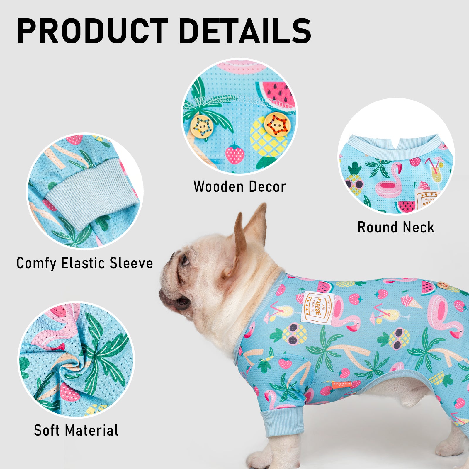 Light blue dog onesie with colorful fruit pattern, round neck, and elastic cuffs