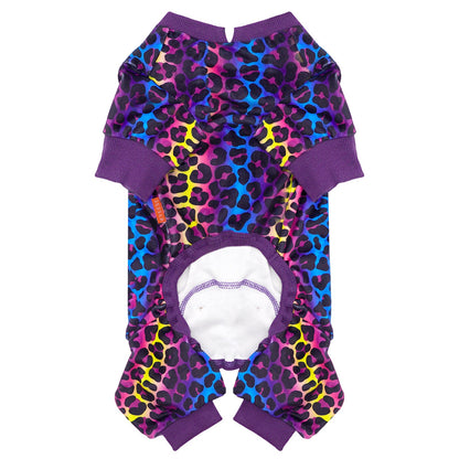 Purple leopard-print dog onesie pajamas with ribbed cuffs and tail opening.