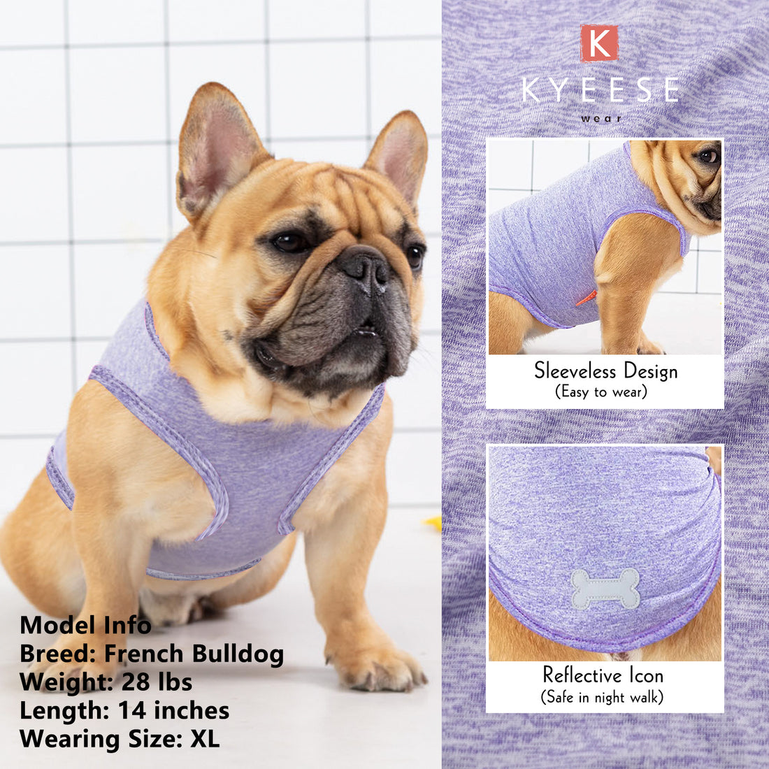 Heather purple sleeveless dog shirt with bone emblem on tan French bulldog