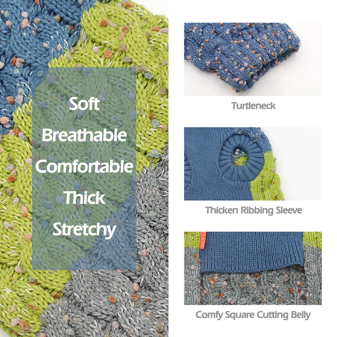 Blue and lime ribbed dog sweater detail with textured knit and color-block panels