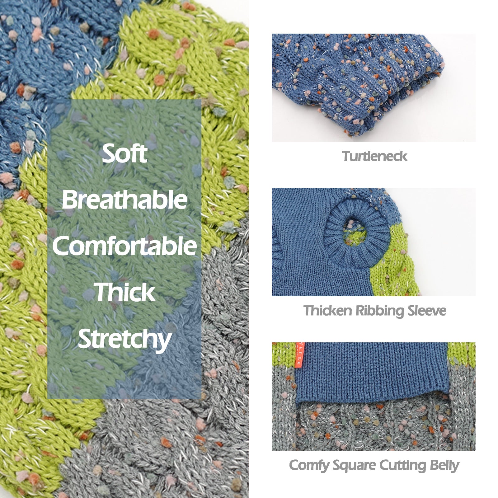 Blue and lime ribbed dog sweater detail with textured knit and color-block panels