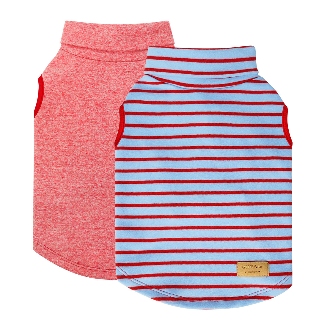 Coral red and blue-red striped sleeveless dog turtleneck sweaters