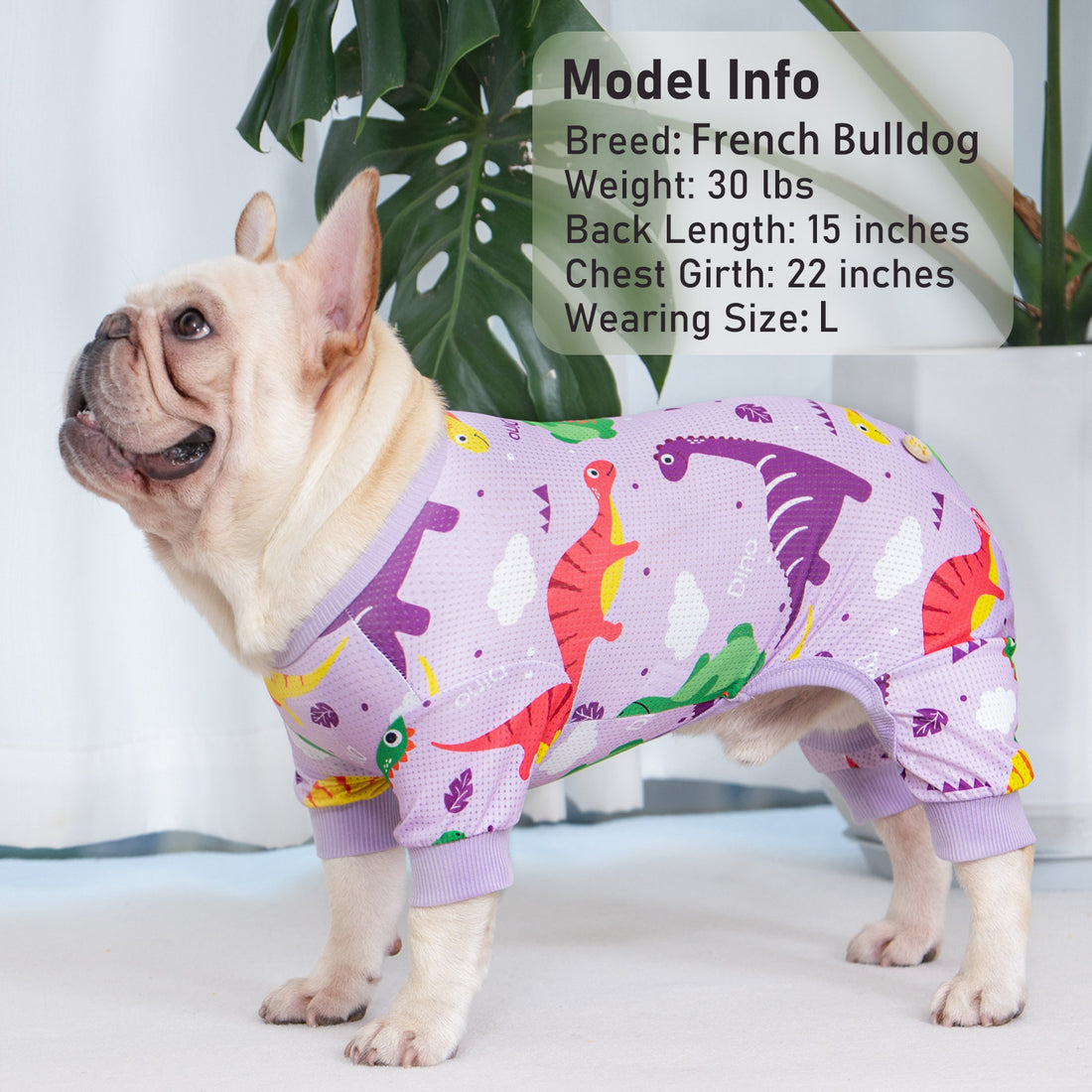 Purple dinosaur-print dog mesh onesie pajamas with short sleeves and stretch fit