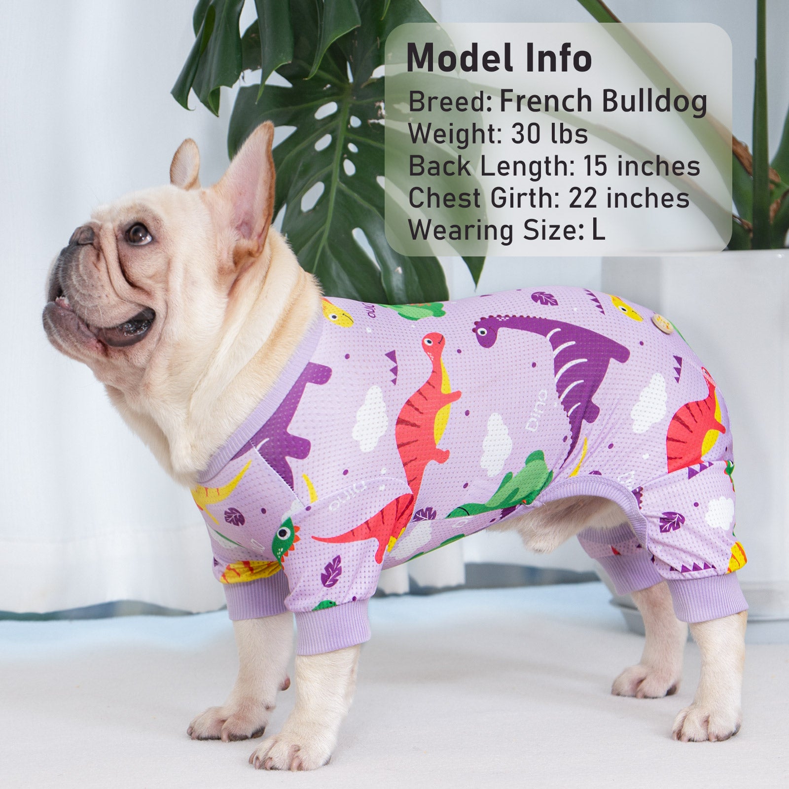 Purple dinosaur-print dog mesh onesie pajamas with short sleeves and stretch fit
