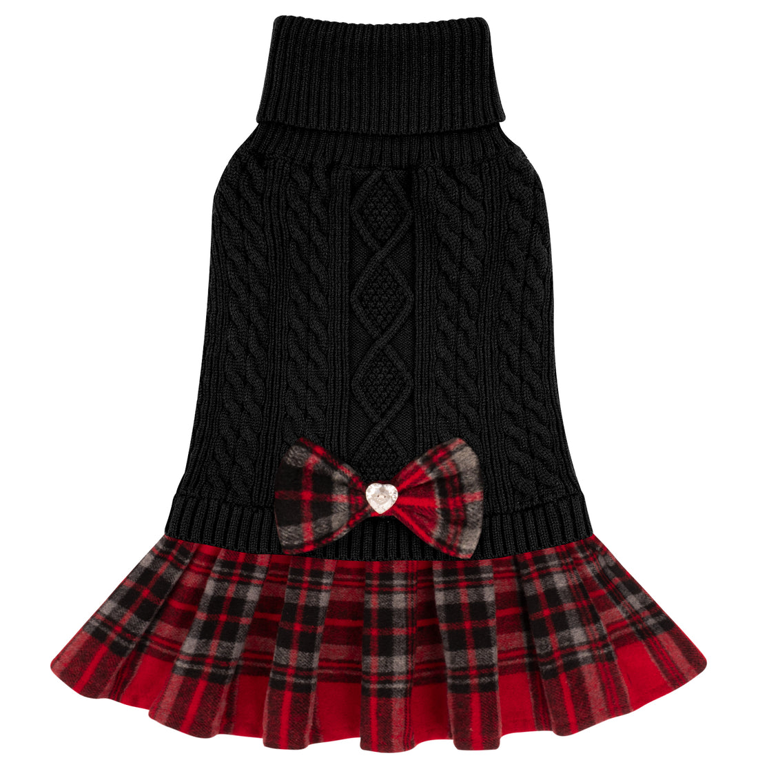 Black turtleneck dog sweater with cable stitch and red plaid bow skirt