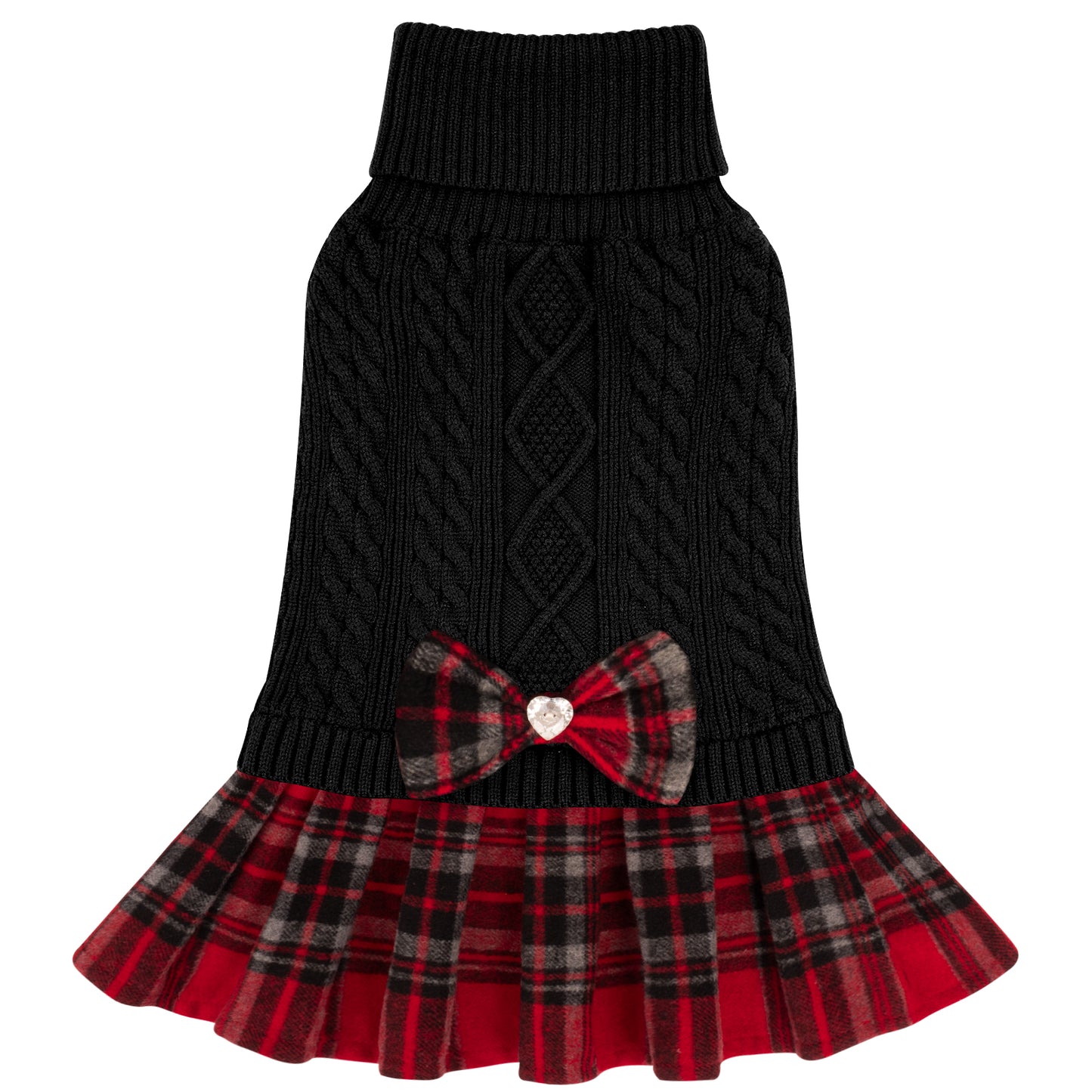 Black turtleneck dog sweater with cable stitch and red plaid bow skirt