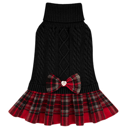 Black turtleneck dog sweater with cable stitch and red plaid bow skirt