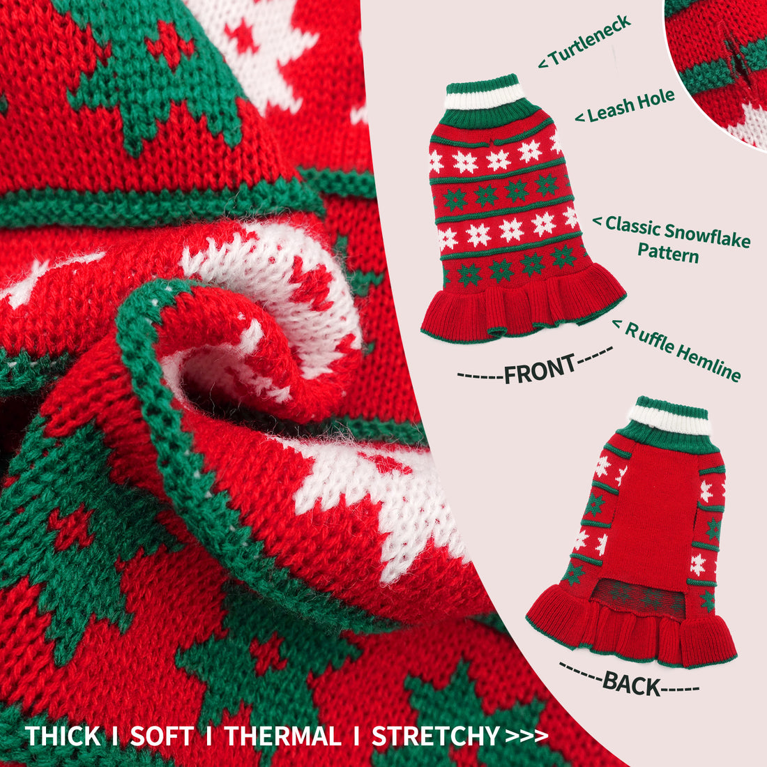Knit dog sweater dress close-up, red-and-green snowflake pattern with ruffle hem