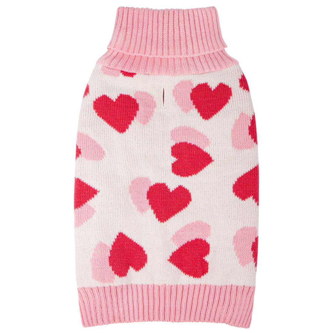 Pink and white dog sweater with red hearts, sleeveless knit design and ribbed hem