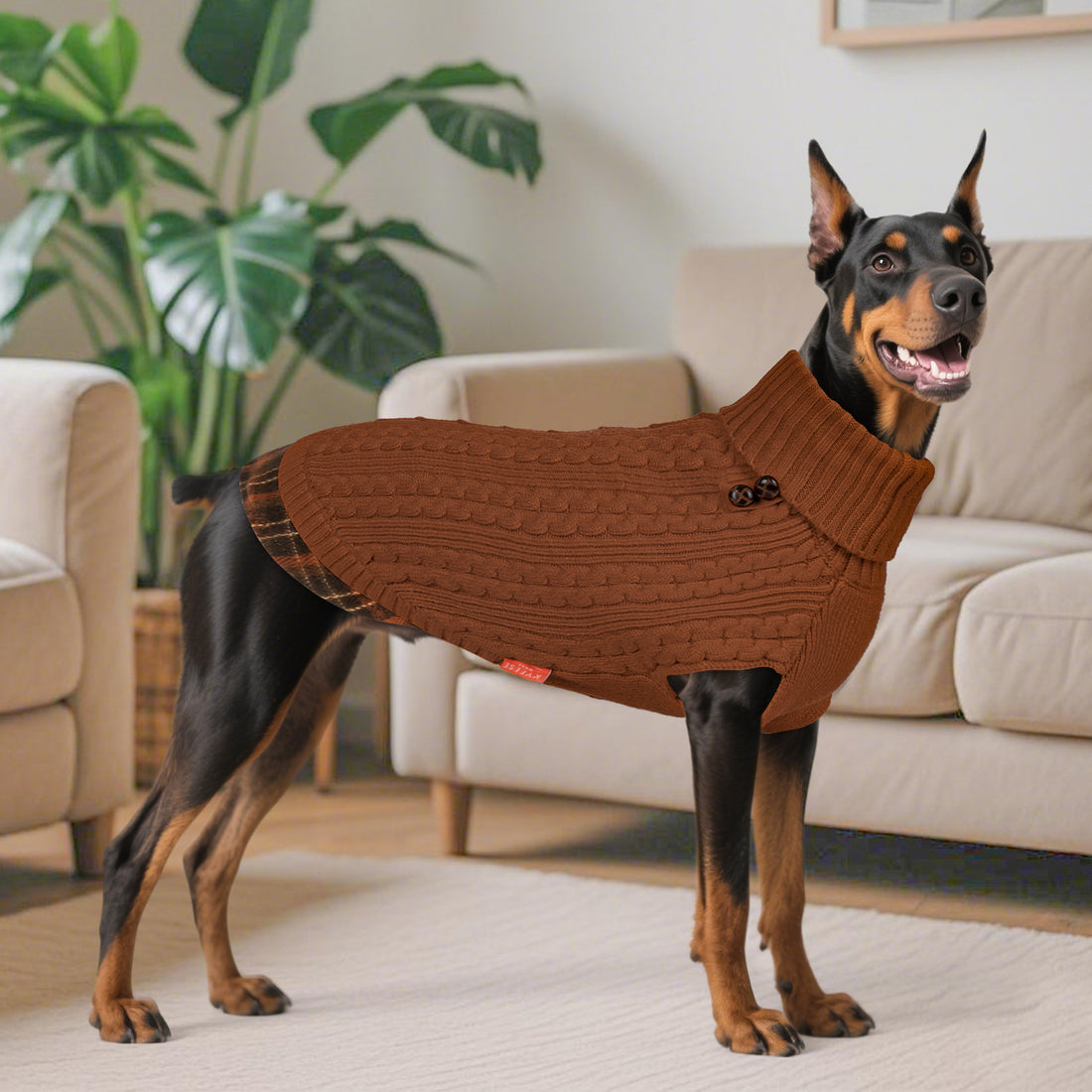Brown turtleneck cable-knit dog sweater with button detail on chest