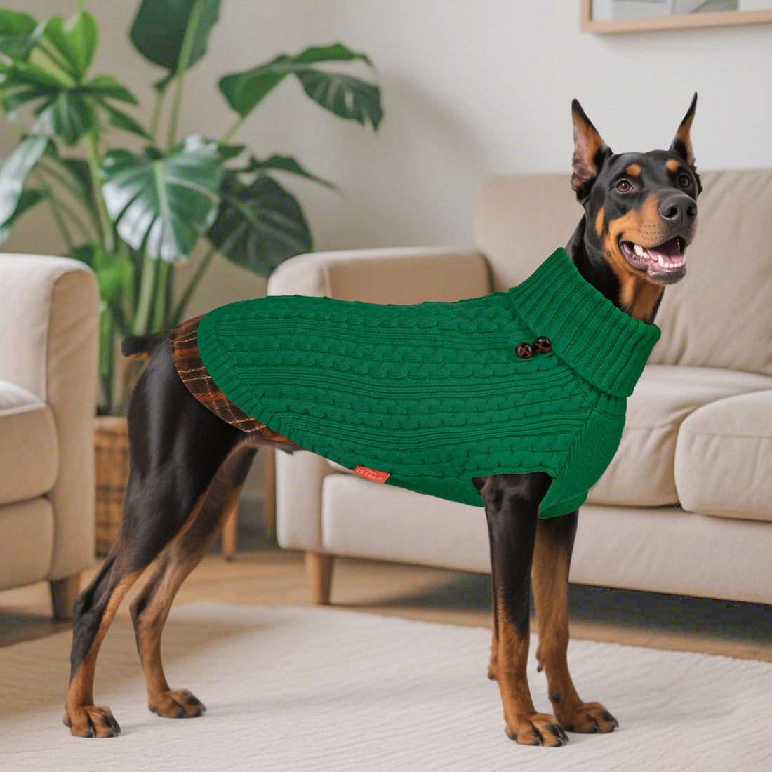 Green turtleneck cable-knit dog sweater worn on standing dog