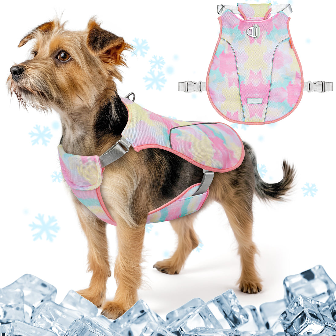 Pink dog cooling vest with watercolor print and adjustable gray neck and belly straps