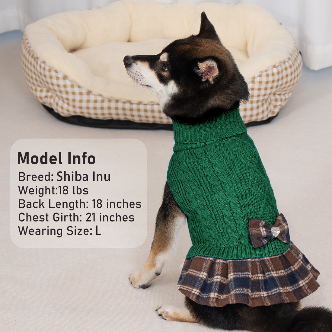 Dog wearing green cable knit turtleneck sweater with plaid ruffle hem and bow