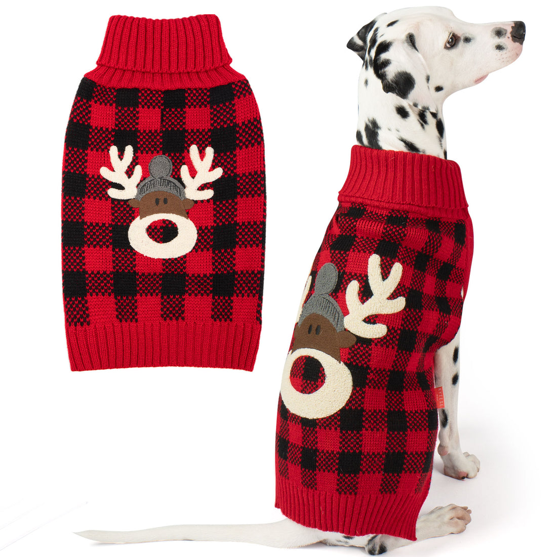 Red and black plaid dog sweater with reindeer face applique; knit turtleneck design.