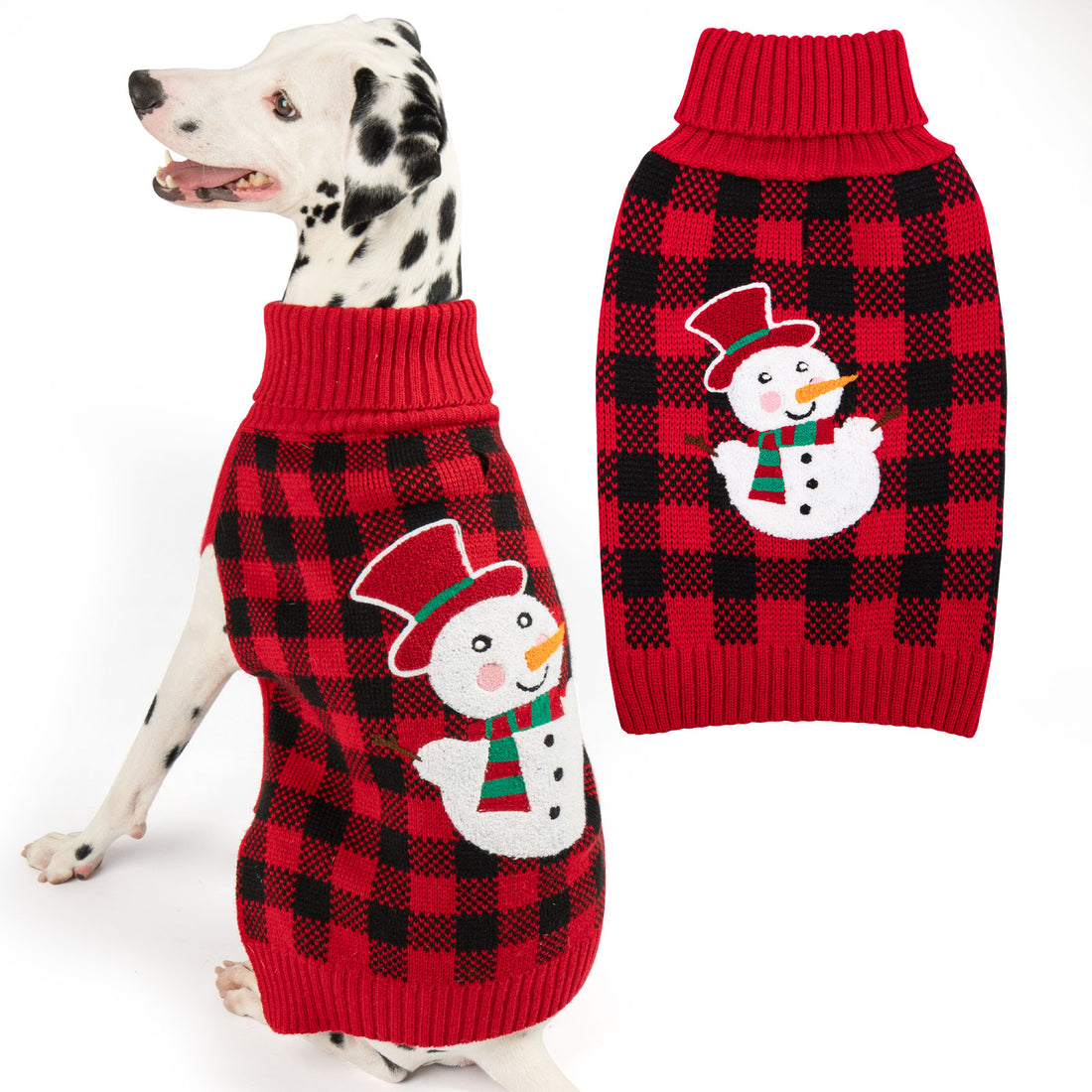 Dog sweater set on model: red and black plaid knit with snowman applique