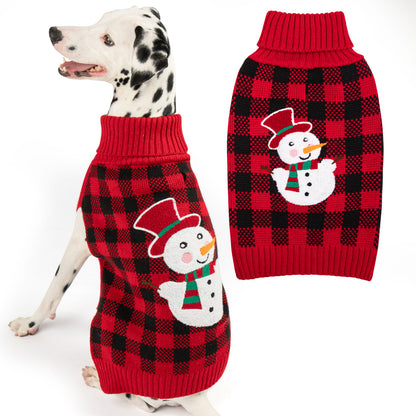 Dog sweater set on model: red and black plaid knit with snowman applique