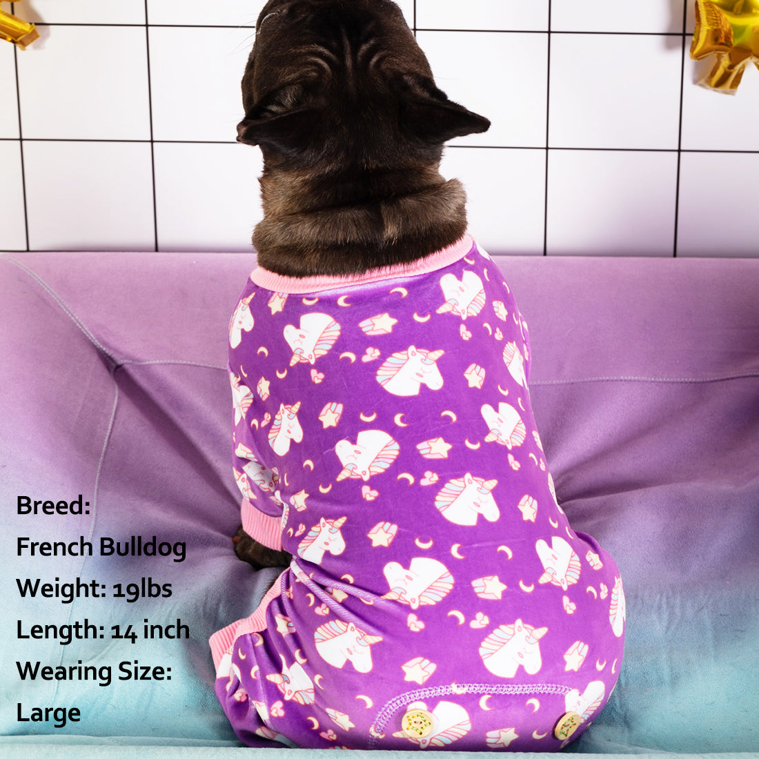 Purple dog unicorn onesie pajamas showing full back with pink ribbed trim.