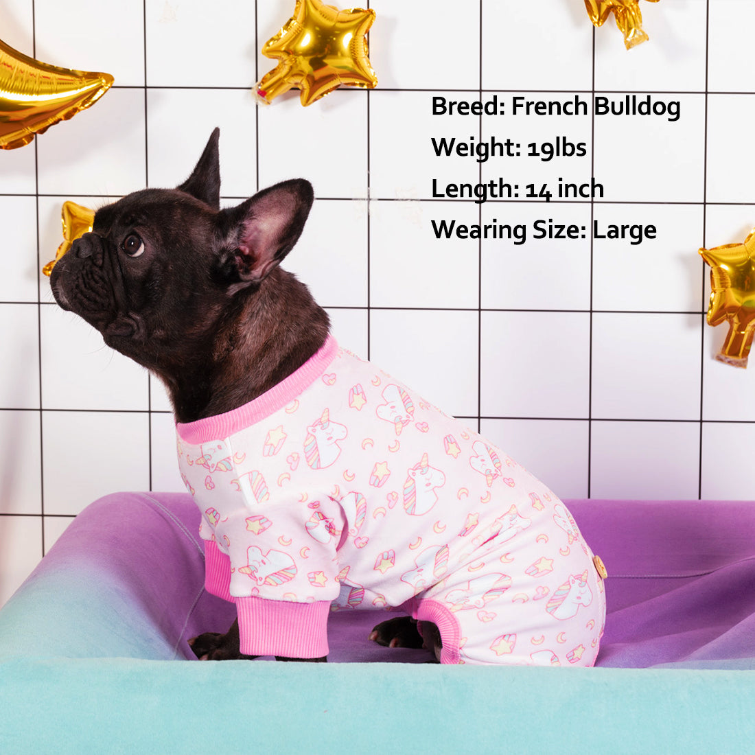 Light pink unicorn dog print dog onesie pajama with ribbed neckline and stretchy leg openings