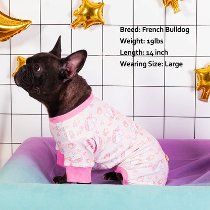 Light pink unicorn dog print dog onesie pajama with ribbed neckline and stretchy leg openings