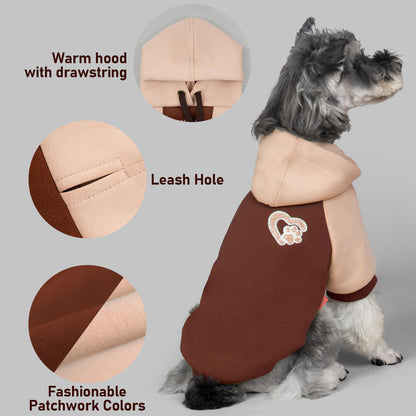 Winter dog hoodie details: pink hood, leash hole, paw patch, warm drawstring