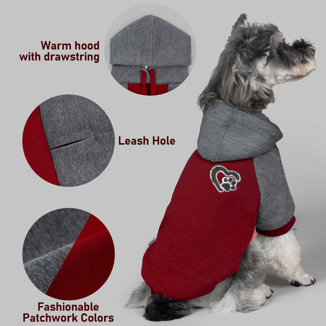 Dog hoodie design with leash hole, red patch panel and gray hood with drawstring