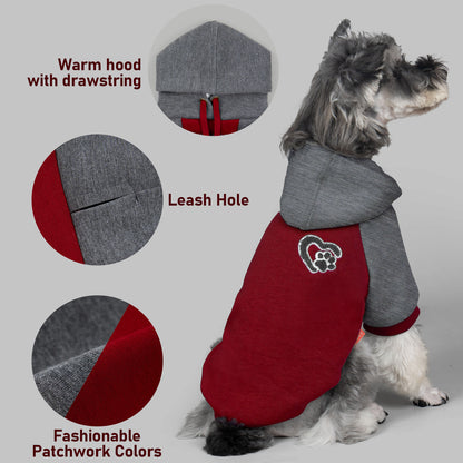 Dog hoodie design with leash hole, red patch panel and gray hood with drawstring