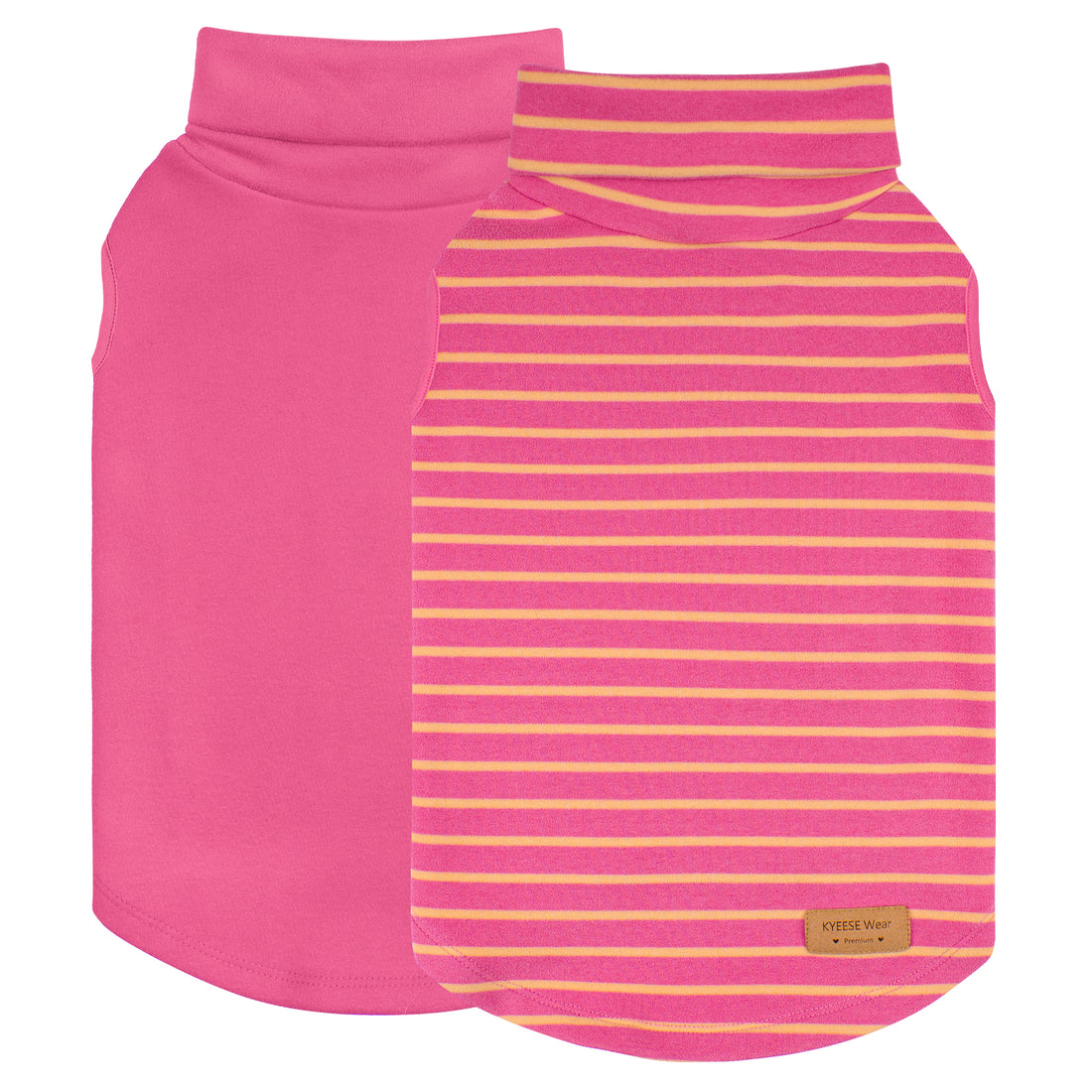 Pink sleeveless dog sweater with high turtleneck and yellow striped panel