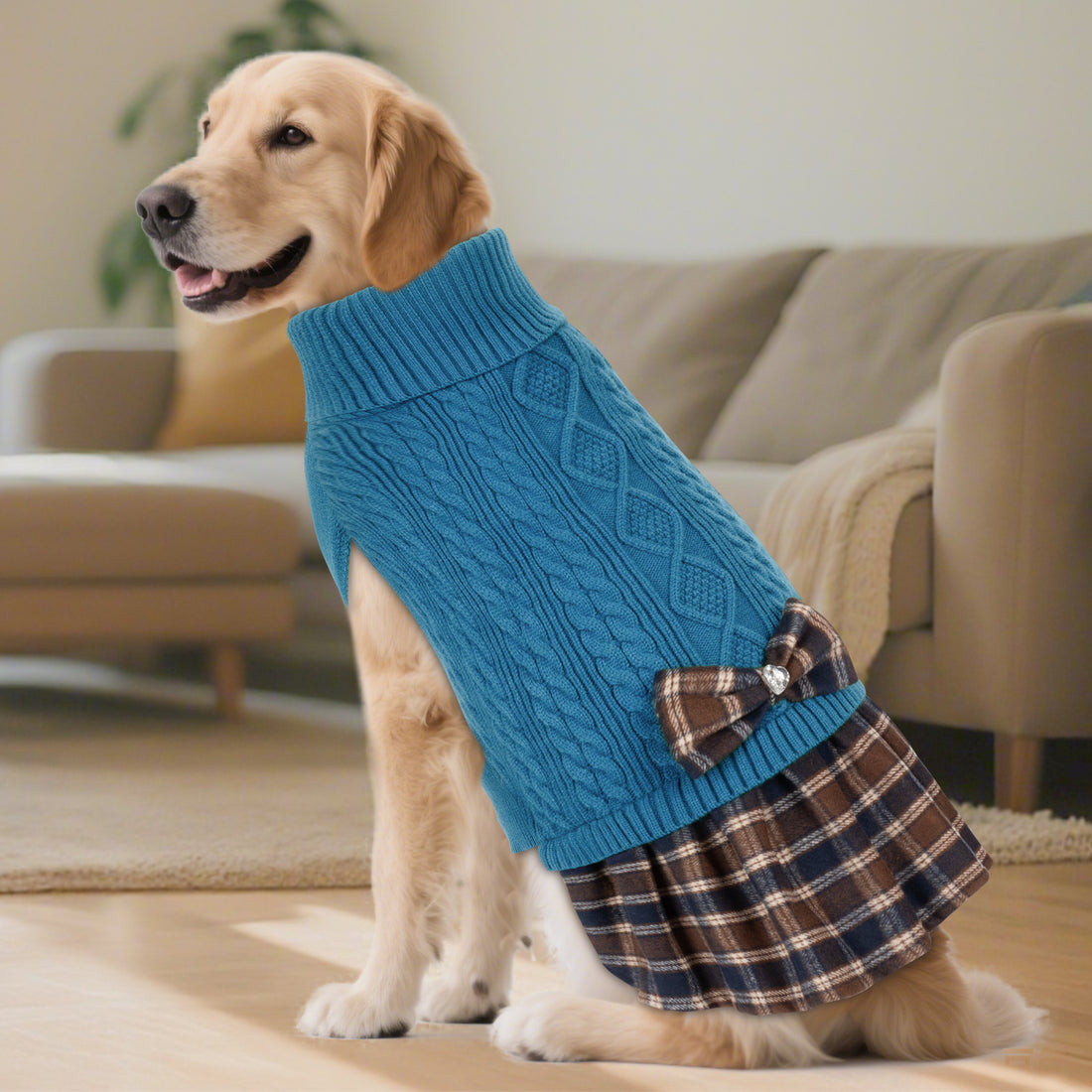 Dog wearing blue cable knit turtleneck sweater with plaid ruffle hem and bow