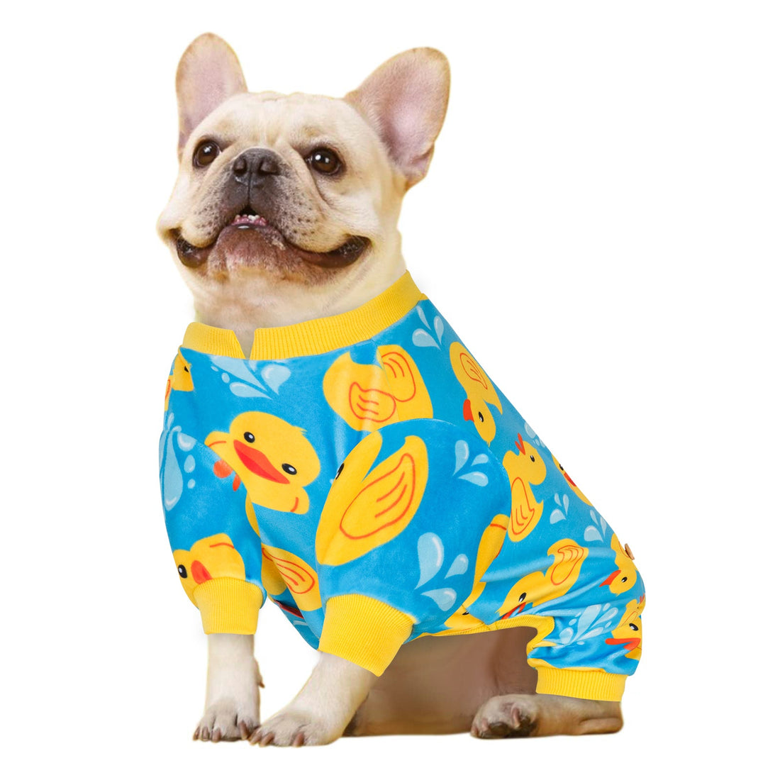Blue duck-print dog onesie pajamas with yellow cuffs and no hood