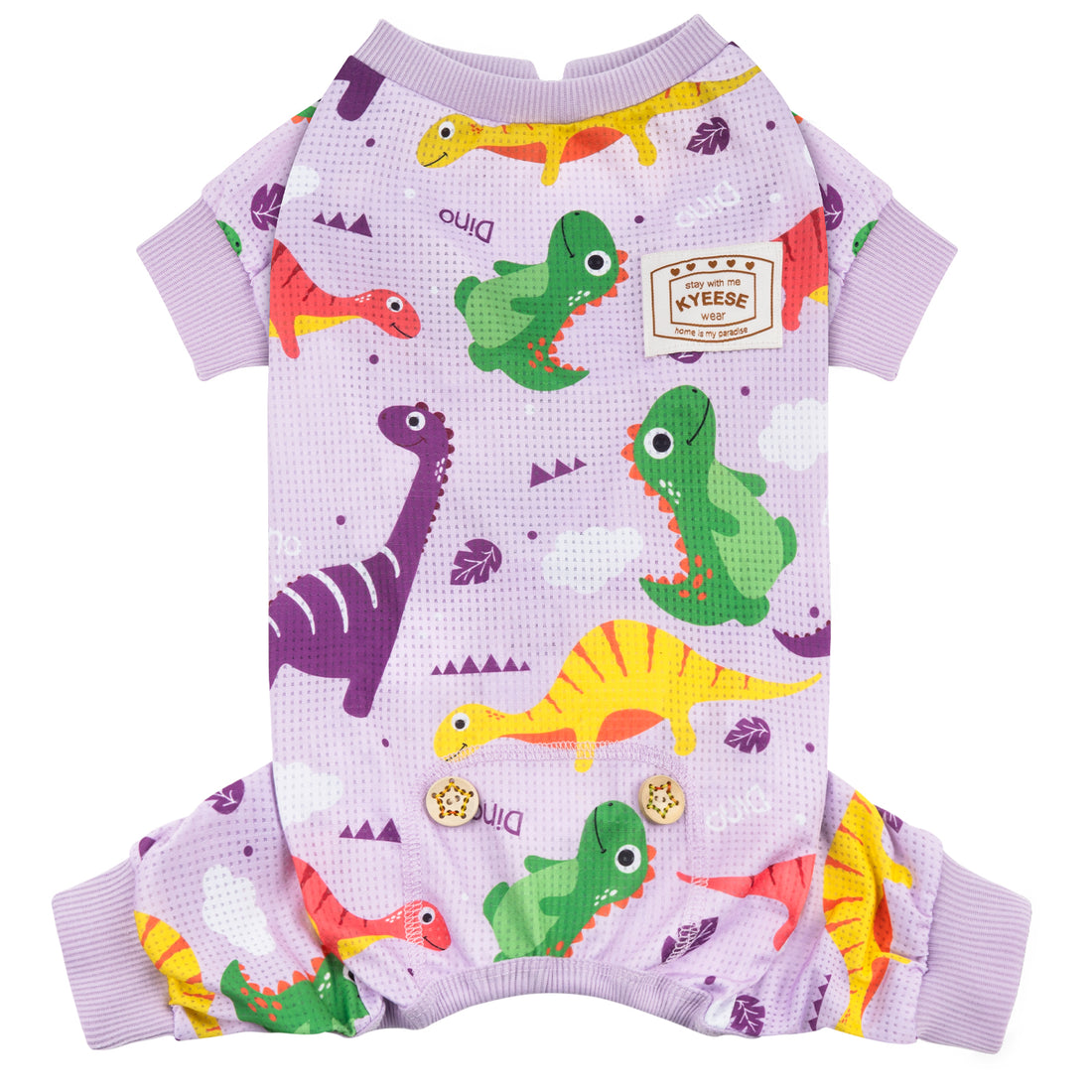 Lilac dinosaur-print dog mesh onesie pajamas with short sleeves and elastic hem