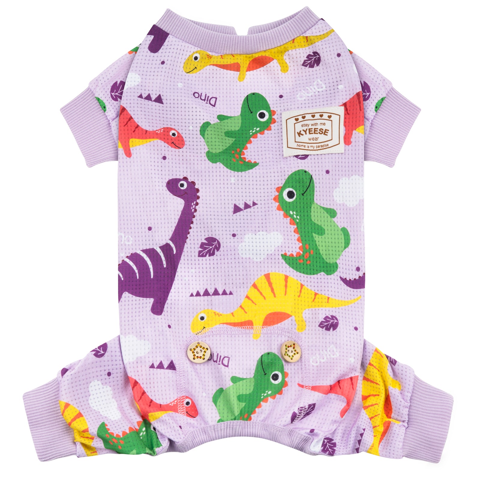 Lilac dinosaur-print dog mesh onesie pajamas with short sleeves and elastic hem