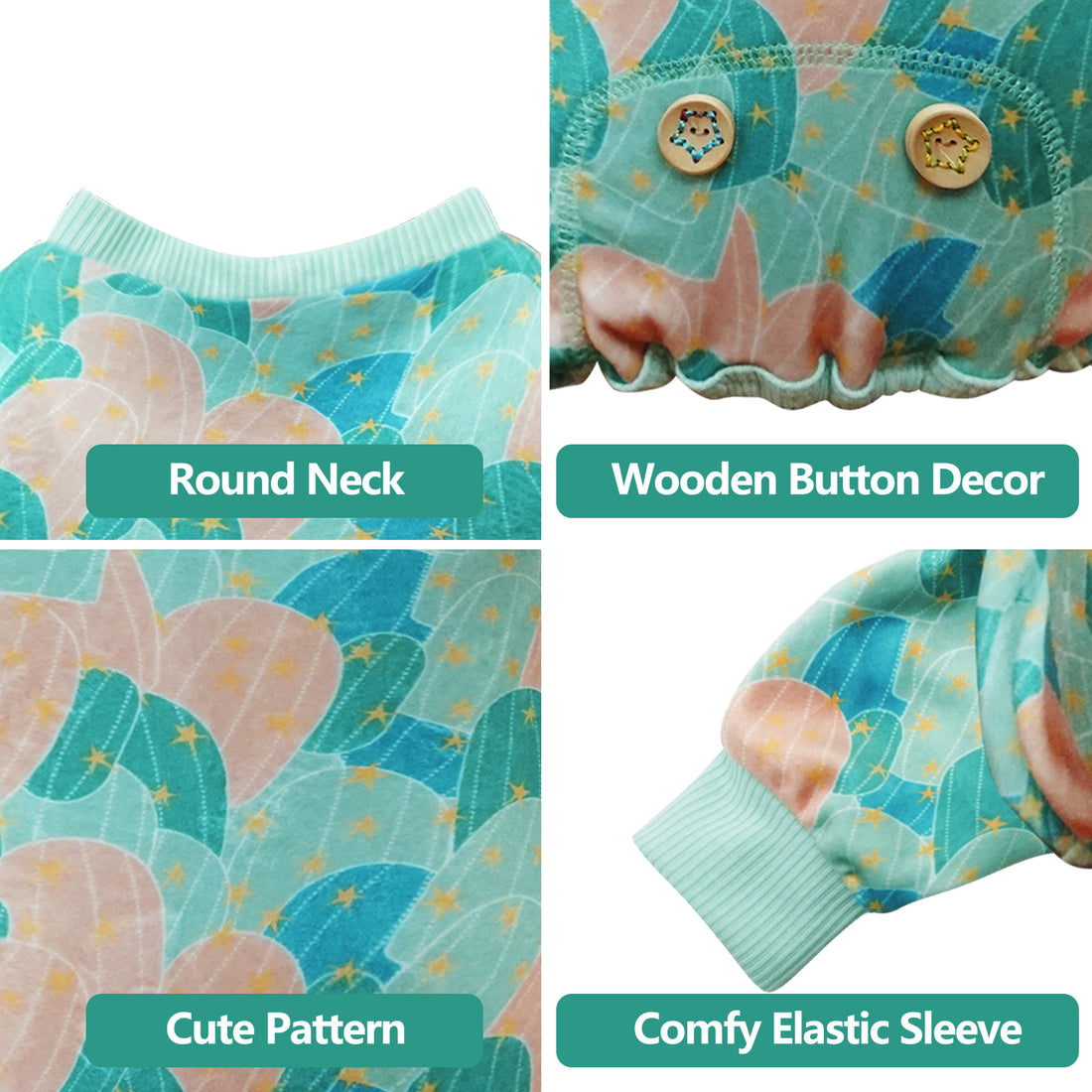 Turquoise dog onesie pajama with round neck, cactus print, and wooden button detail
