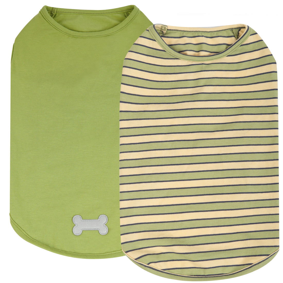 2-pack lightweight dog shirts: green solid and striped cream-blue