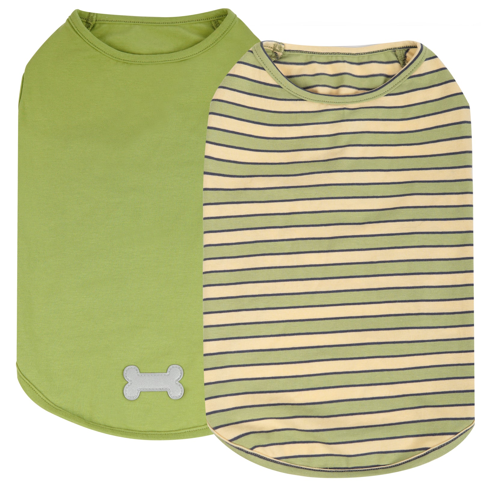 2-pack lightweight dog shirts: green solid and striped cream-blue