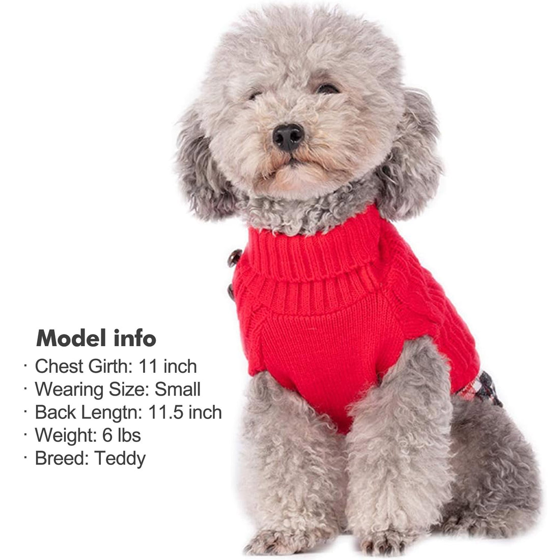 Red dog turtleneck sweater with plaid flannel hem and button detail on shoulder