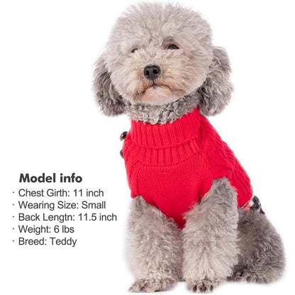 Red dog turtleneck sweater with plaid flannel hem and button detail on shoulder