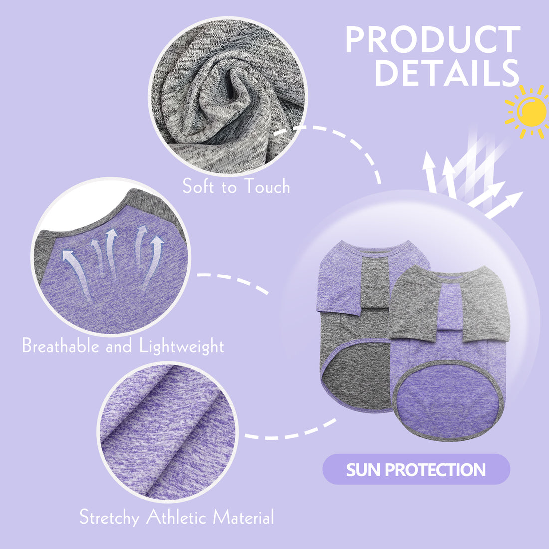 Two lightweight dog shirts shown flat: heather gray and purple with raglan sleeves.
