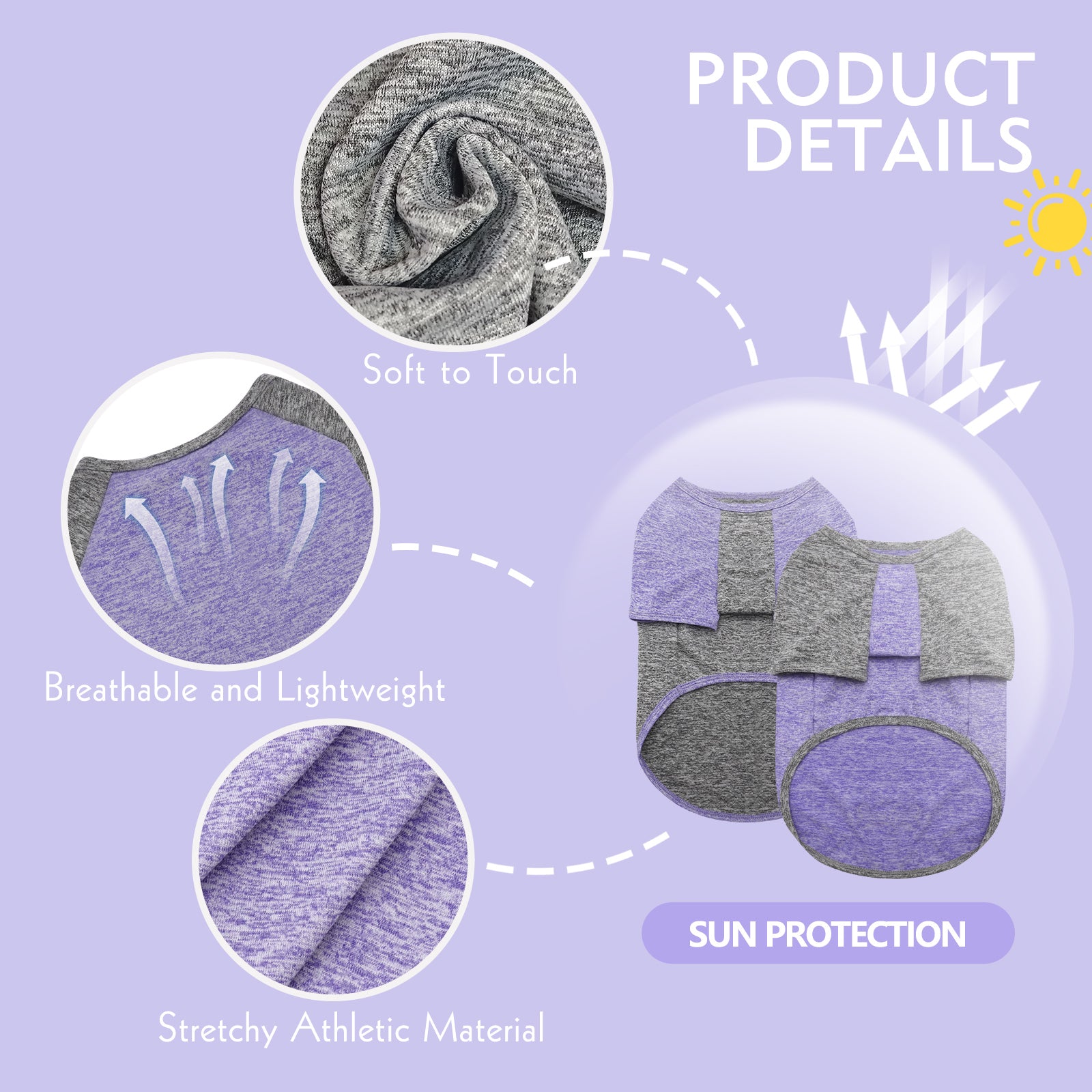 Two lightweight dog shirts shown flat: heather gray and purple with raglan sleeves.