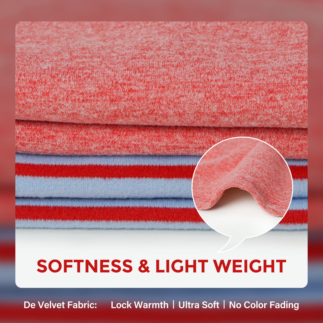 Folded pink velvet dog sweater fabric swatches with blue-red striped layer