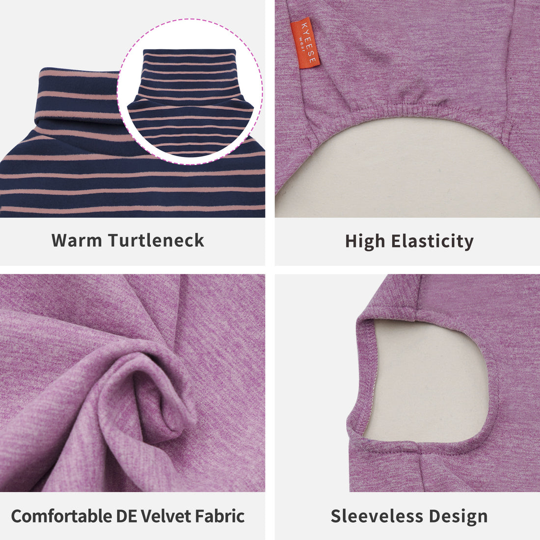 Purple sleeveless dog sweater and navy-orange striped turtleneck sweater pair