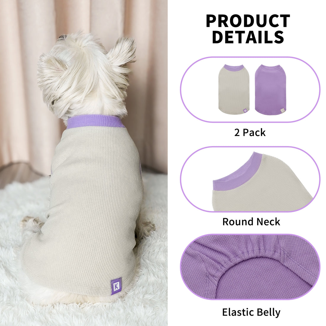 Waffle knit dog shirt 2 pack, cream body with purple round-neck and collar trim