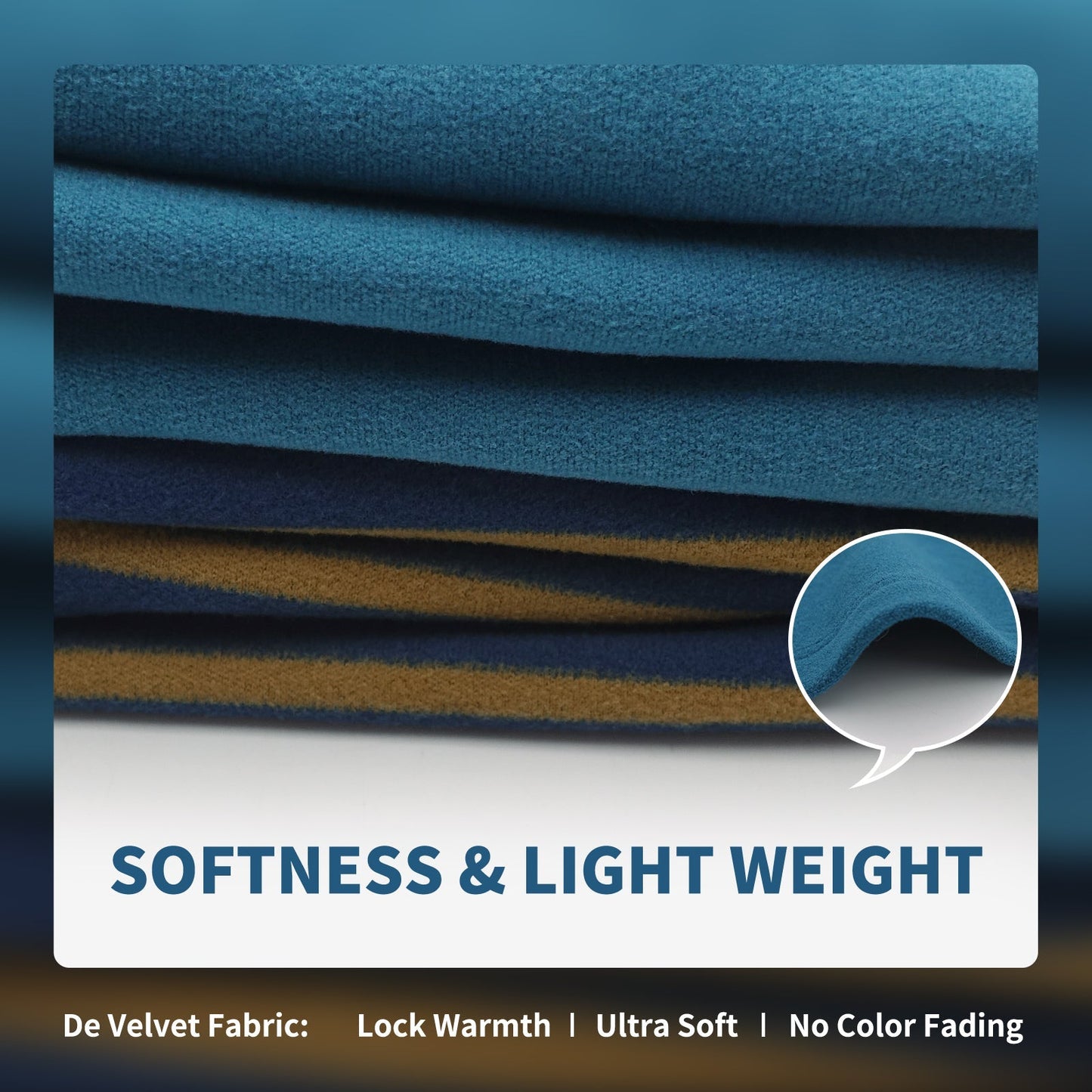 Velvet fabric swatches in blue and teal tones, lightweight stretch material