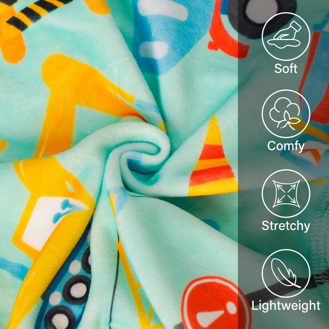Aqua knit fabric with multicolor striped and vehicle-style motifs