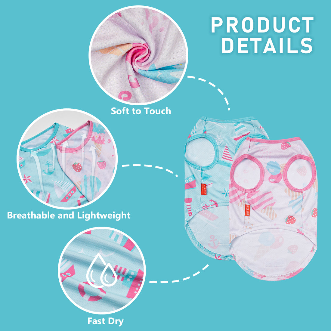 Breathable cooling dog shirt 2-pack: light blue and pink patterned fabric