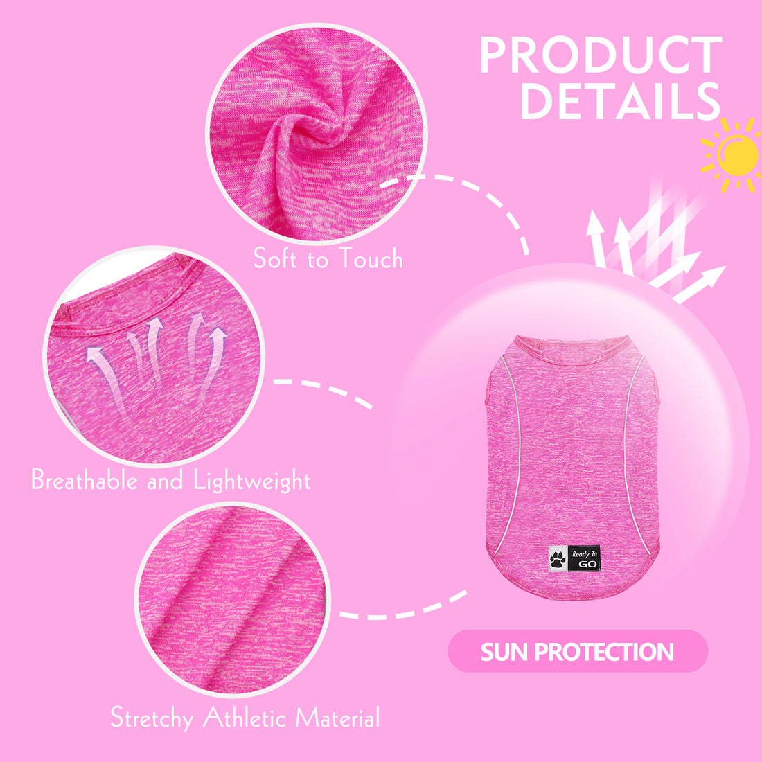 Pink heather lightweight dog shirt detail, soft to touch fabric with reflective trim