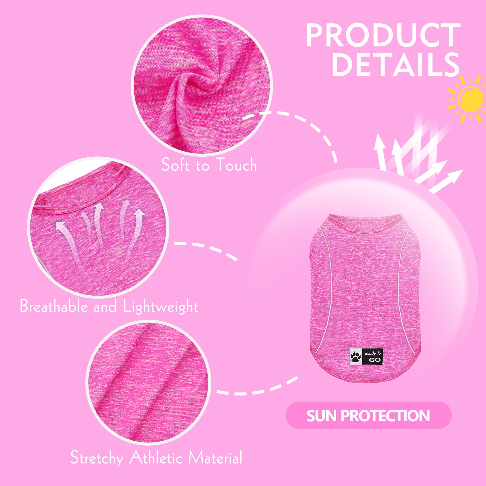 Pink heather lightweight dog shirt detail, soft to touch fabric with reflective trim