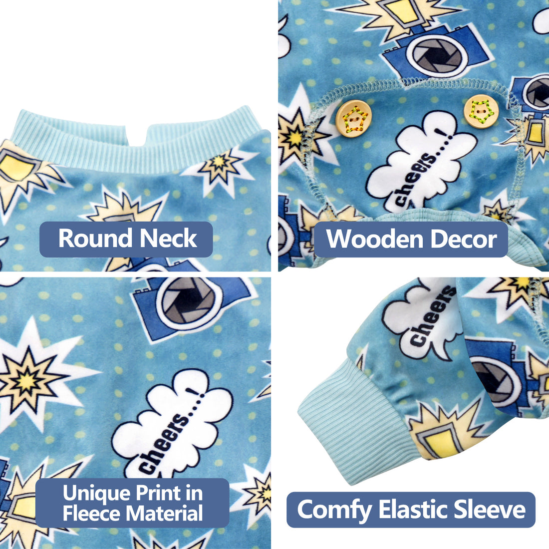Blue dog onesie pajama with round neck and duck-and-camera print; ribbed cuffs